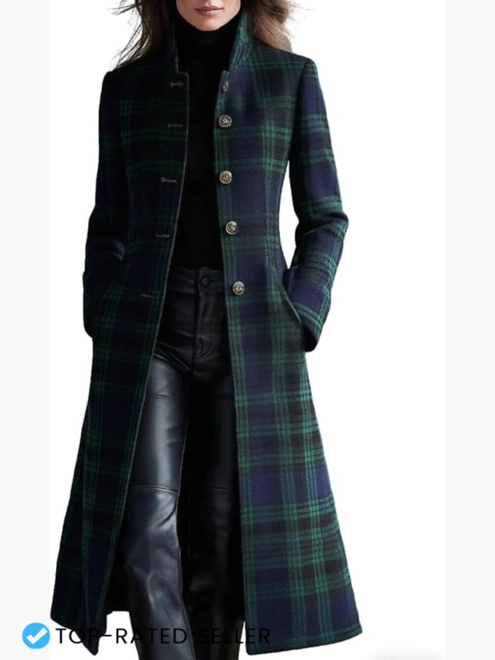 Long Wool Plaid Pea Coat Fall Winter Casual Single Breasted Midi Trench Overcoat